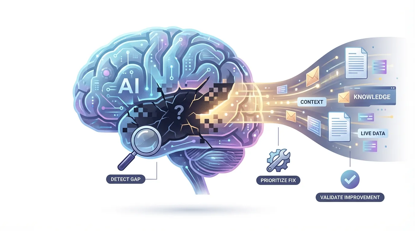 Illustration of a digital brain being analyzed with a magnifying glass, representing the cycle of detecting gaps, prioritizing fixes, and validating improvements.