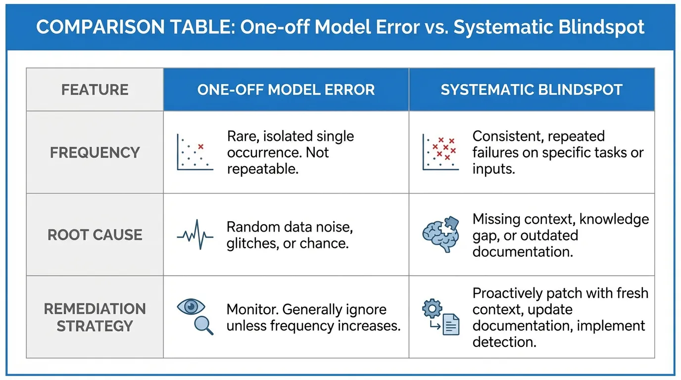 Comparison table contrasting One-off Model Errors versus Systematic Blindspots, detailing differences in frequency, root cause, and remediation strategy.