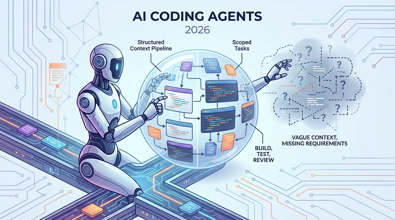 Stylized illustration of an AI robot sitting between a structured context pipeline diagram and a chaotic cloud representing vague requirements.