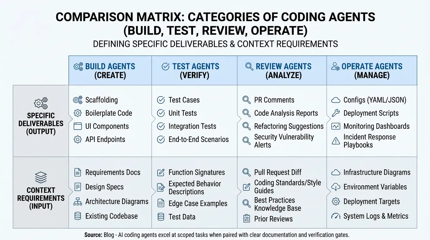 Comparison matrix table detailing AI coding agent categories (Build, Test, Review, Operate) by specific deliverables and context inputs.