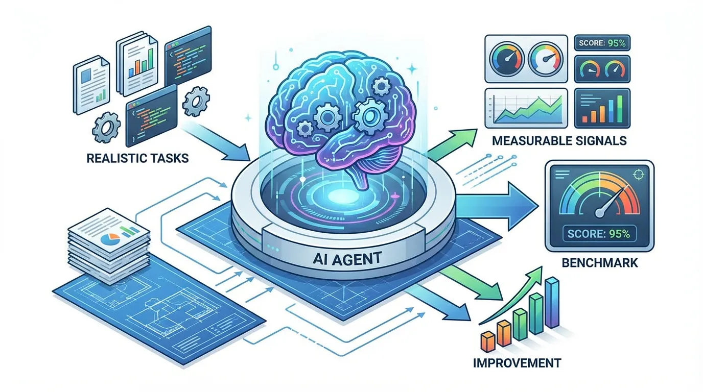 Isometric illustration of a glowing AI brain connected to documents and dashboards, symbolizing the conversion of realistic tasks into measurable scores.