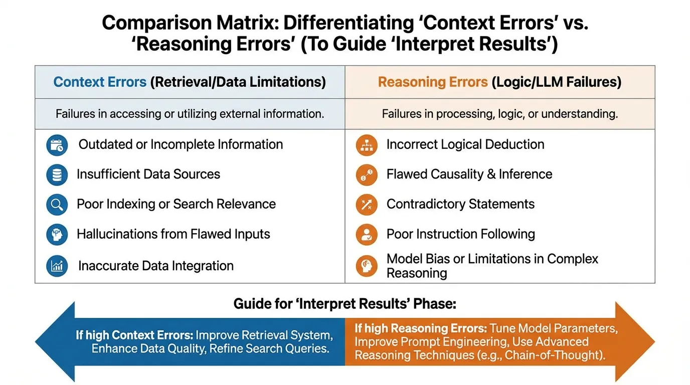 Comparison matrix table contrasting Context Errors (retrieval failures) versus Reasoning Errors (logic failures) with examples for interpreting AI results.