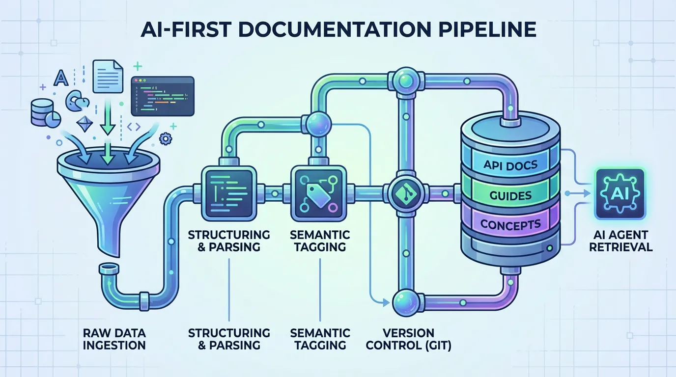Illustration of a data pipeline processing documentation through ingestion, structuring, semantic tagging, and version control for AI agents.
