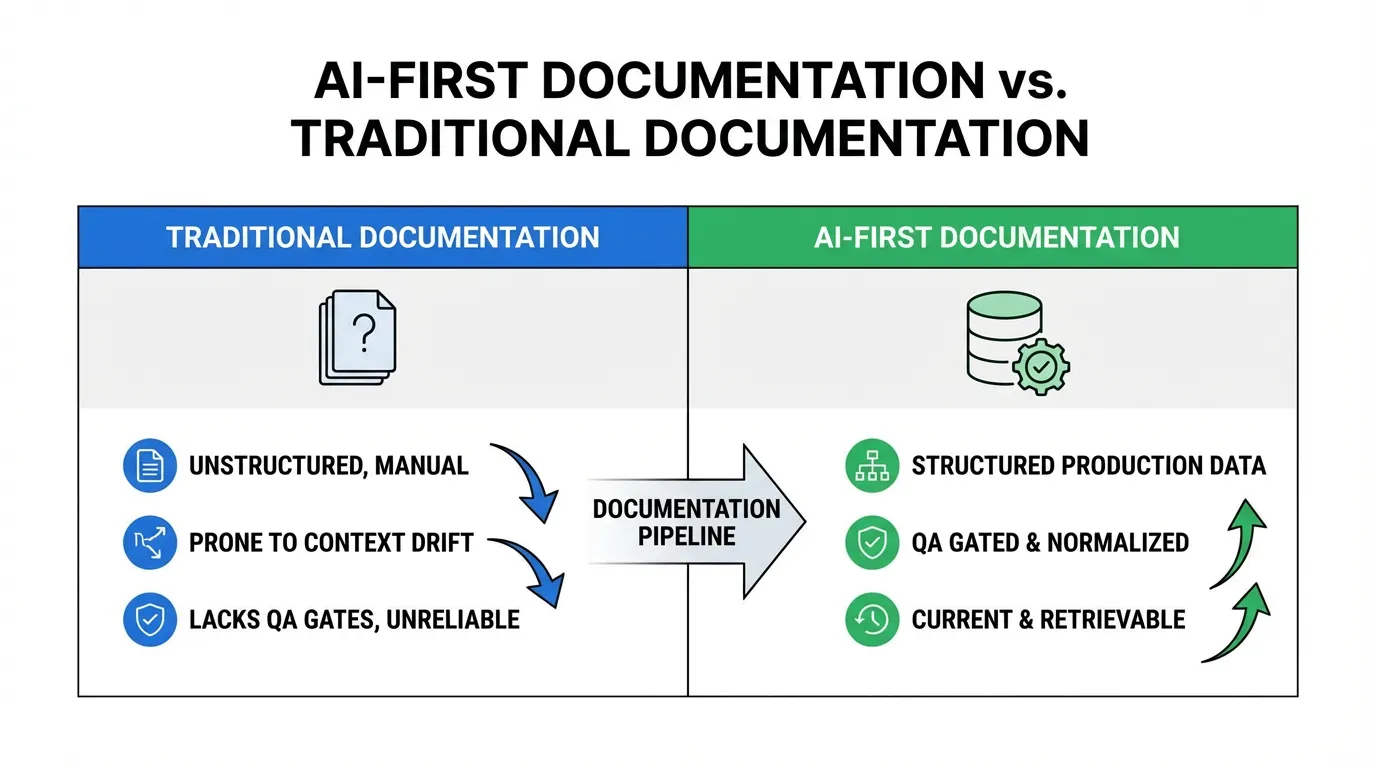 Comparison chart contrasting unstructured Traditional Documentation with structured, QA-gated AI-First Documentation.