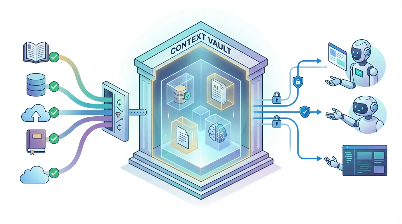 3D illustration of a Context Vault structure curating data from clouds and databases before delivering it to AI robots