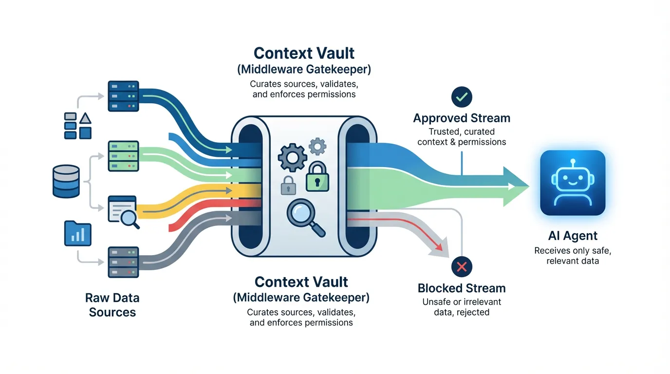 Diagram showing Context Vault as a middleware gatekeeper filtering raw data into approved streams for AI agents