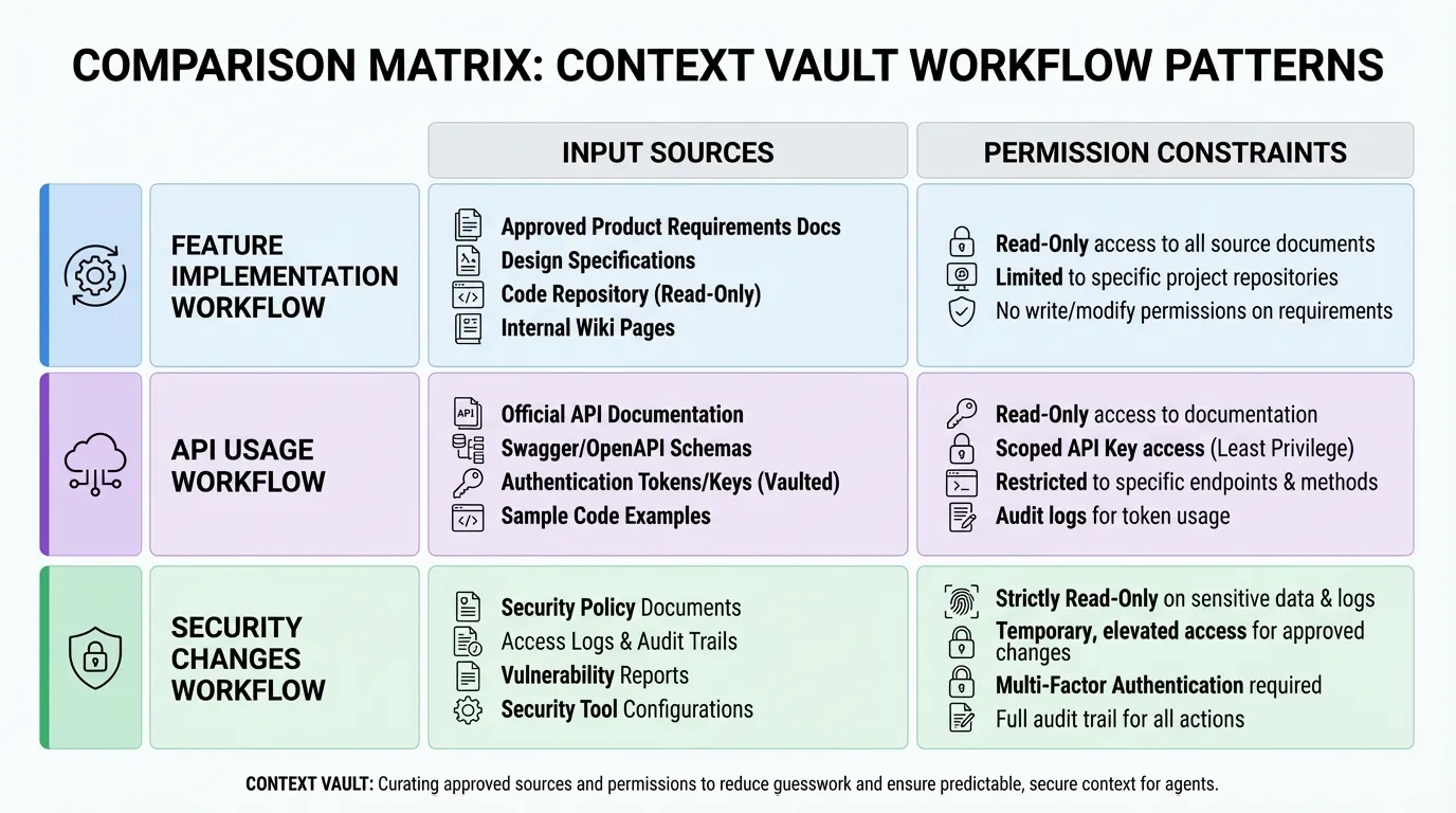 Comparison matrix table detailing input sources and permission constraints for Feature, API, and Security workflows