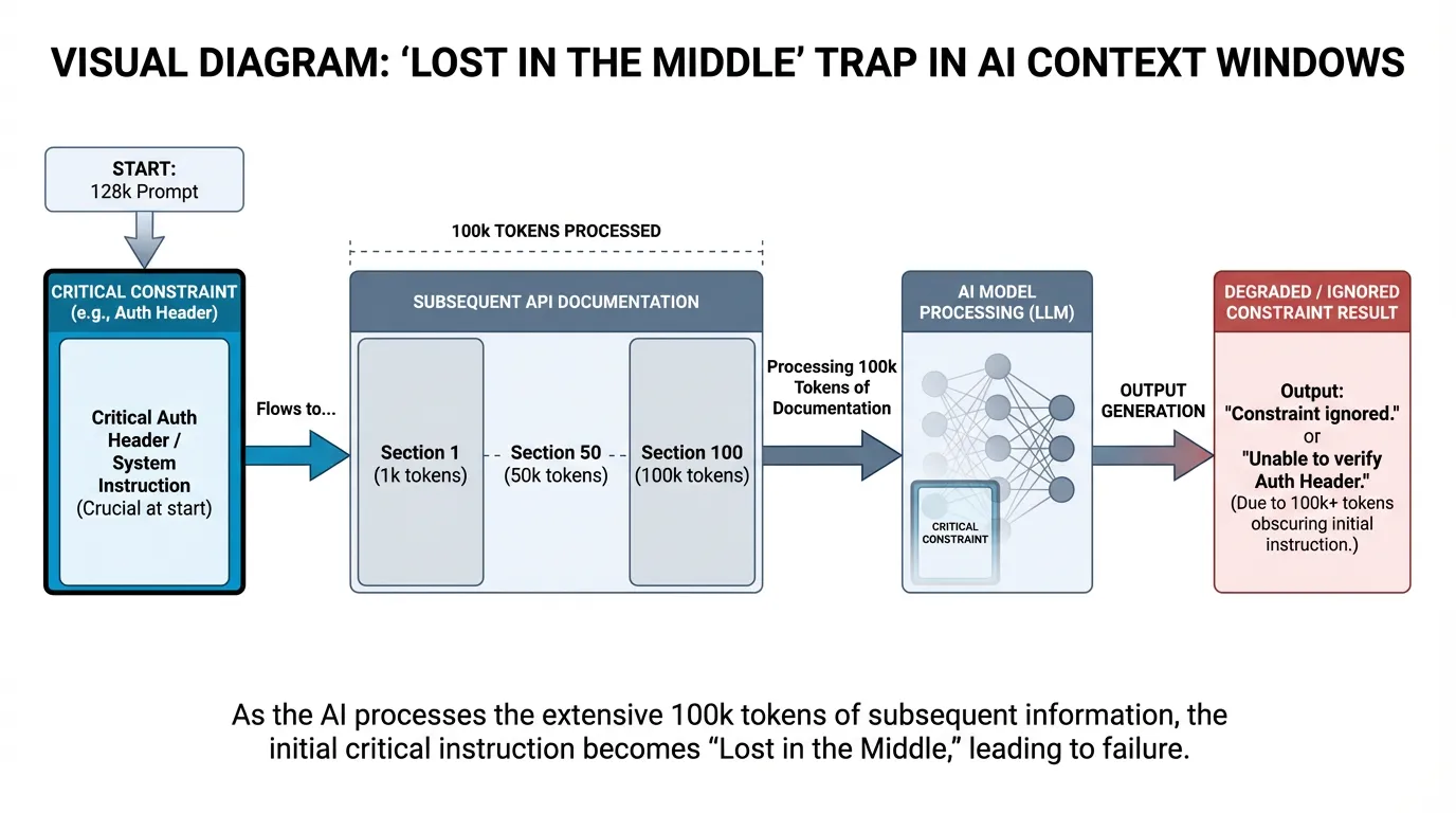 Flowchart demonstrating the 'Lost in the Middle' AI error where critical initial instructions are ignored after processing large documentation blocks.