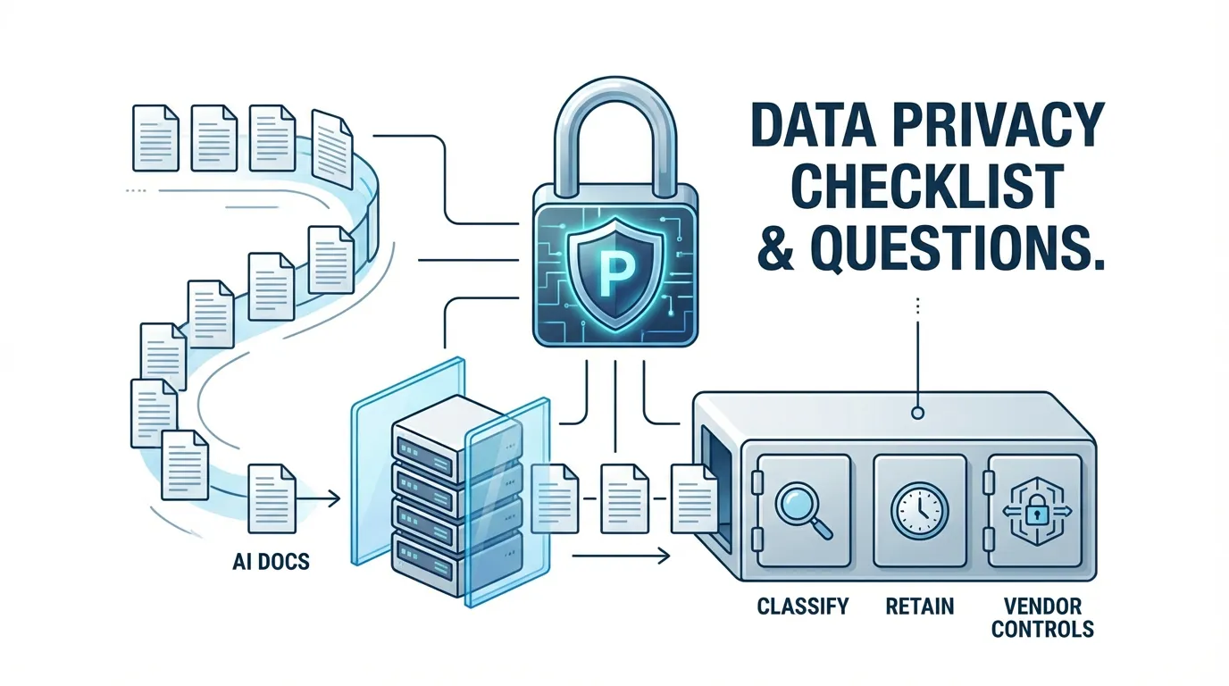 Illustration of a data privacy checklist process depicting documents moving through a security shield and lock into a secure vault
