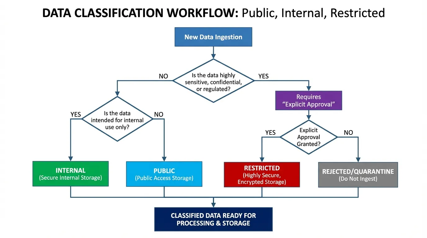 Data classification workflow chart showing decision paths for Public, Internal, and Restricted data based on sensitivity and approval requirements