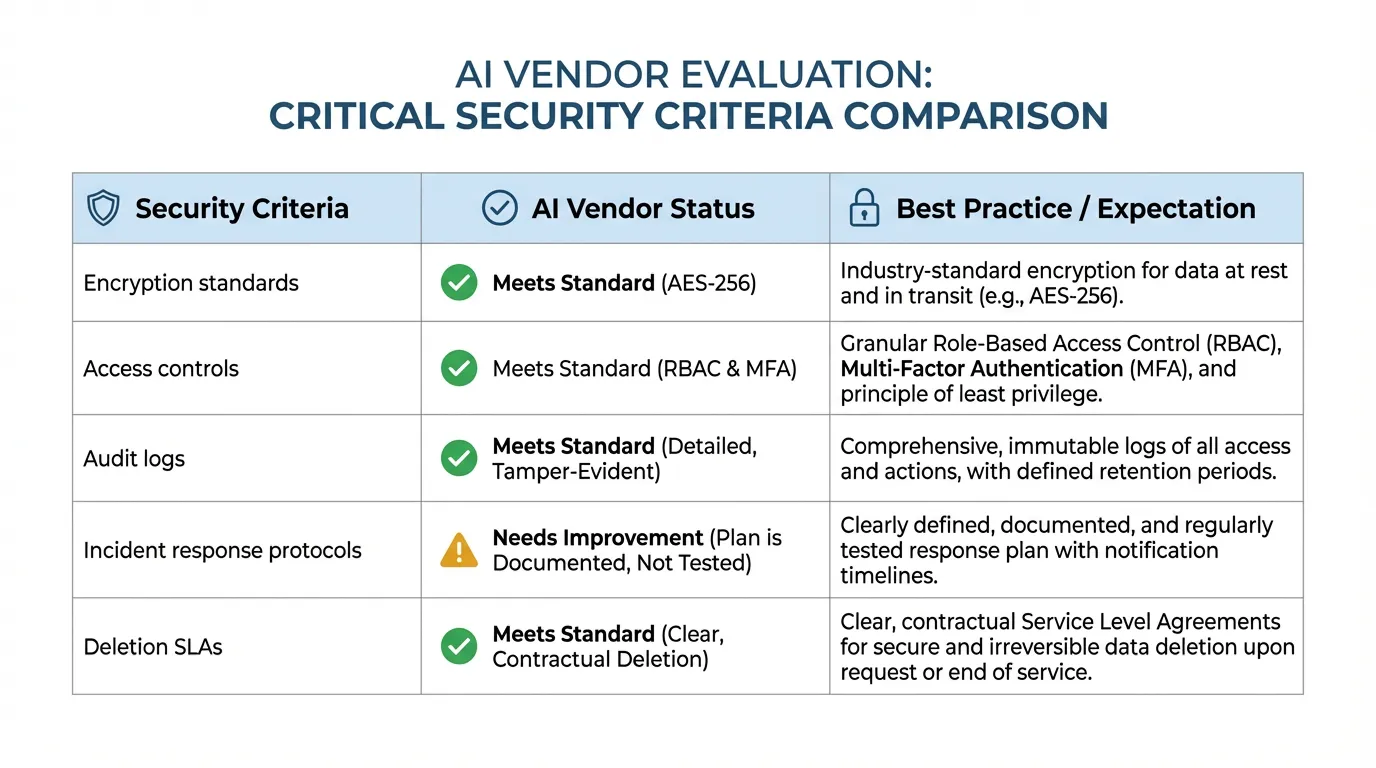AI vendor security evaluation table comparing criteria like encryption, access controls, and audit logs against industry best practices