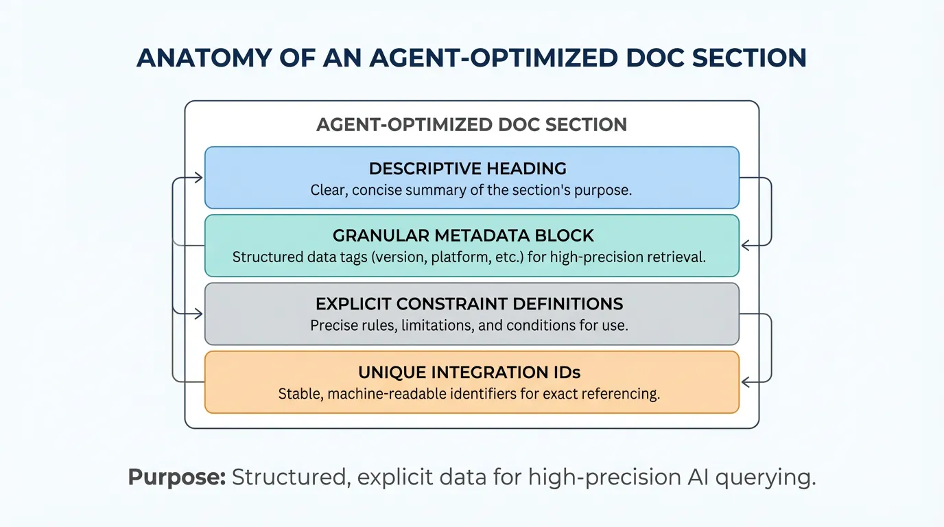 Diagram of an agent-optimized doc section featuring metadata blocks, explicit constraints, and unique IDs for machine readability.