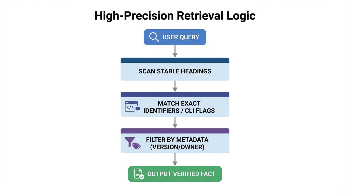 Flowchart of high-precision retrieval logic: Scan Headings, Match Identifiers, Filter Metadata, and Output Verified Fact.