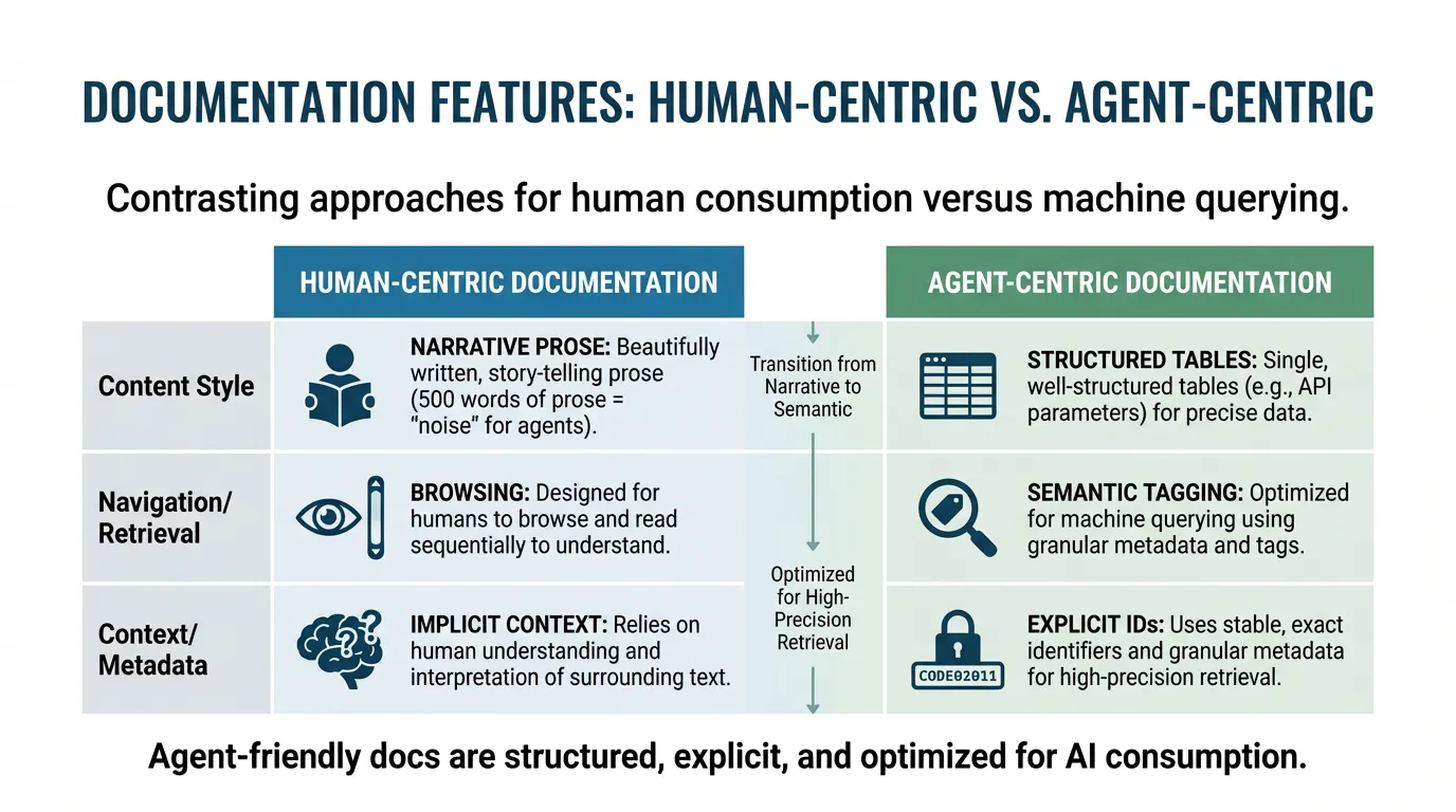 Table comparing human-centric narrative prose against agent-centric structured tables, semantic tagging, and explicit IDs for AI querying.