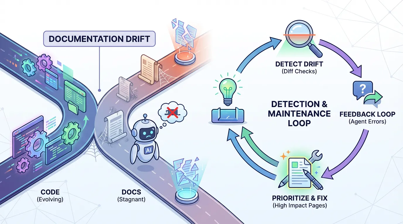 Isometric illustration showing a Documentation Drift Maintenance Loop, depicting a cycle of detection, prioritization, and fixing to bridge the gap between evolving code and stagnant docs.