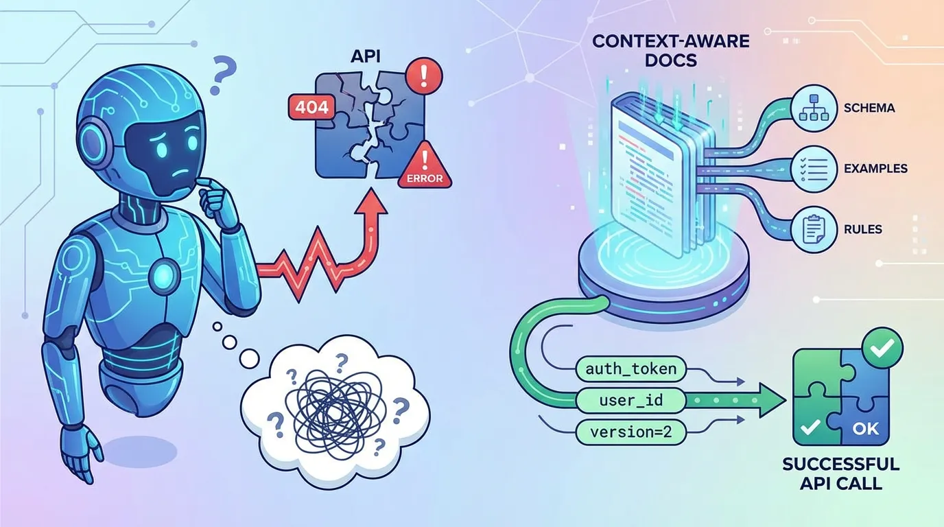Illustration of a robot turning confused thoughts into successful API calls using specific data pipes for tokens and user IDs.