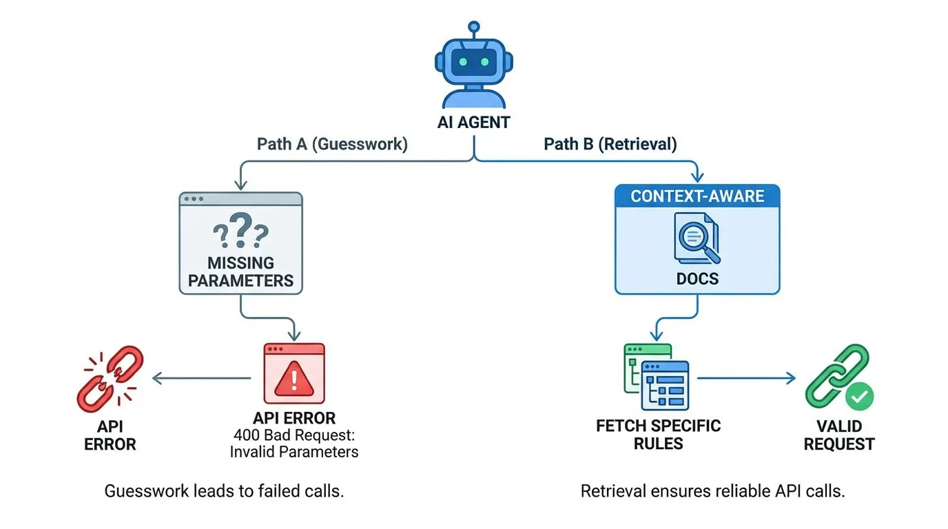 Flowchart comparing AI guesswork leading to errors versus context-aware retrieval leading to valid requests.