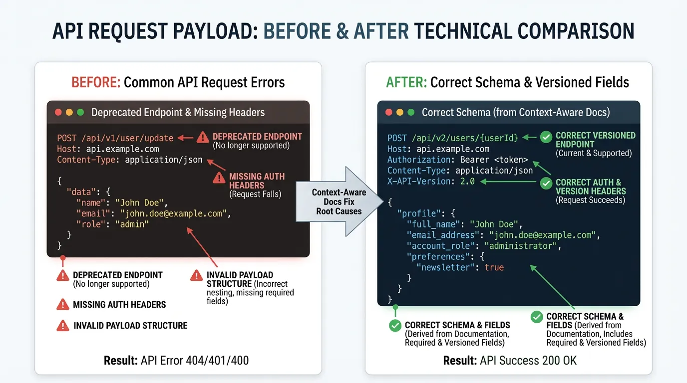 Technical code comparison showing a failed API request payload versus a successful one fixed by context-aware documentation.