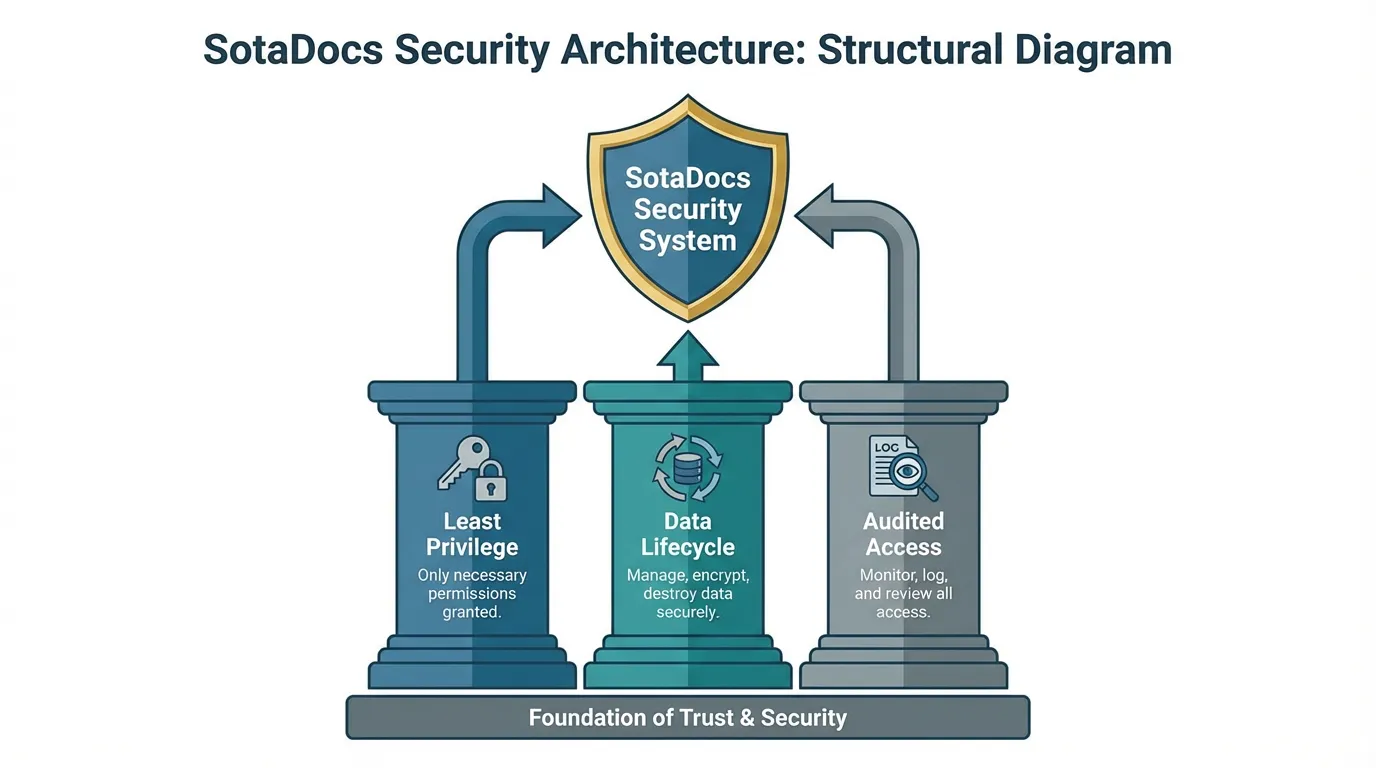 SotaDocs Security Architecture diagram showing a shield supported by three foundational pillars: Least Privilege, Data Lifecycle, and Audited Access.