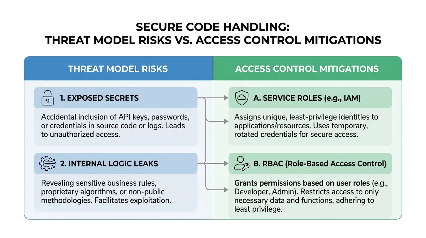 Technical chart comparing Threat Model Risks (Exposed Secrets, Logic Leaks) against Access Control Mitigations (Service Roles, RBAC) for secure code handling.