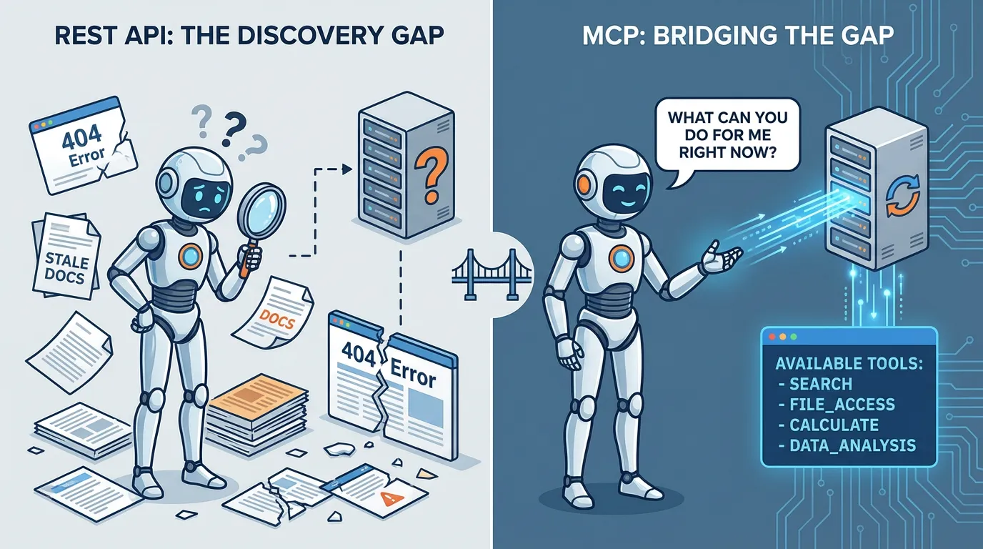 Split illustration: Left side shows a robot struggling with 404 errors and stale docs; Right side shows a robot accessing real-time tools via MCP.