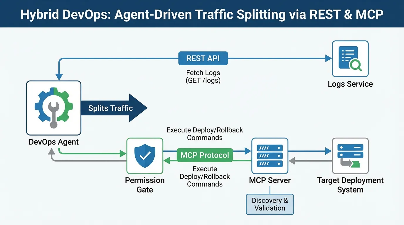 Technical architecture diagram showing a Hybrid DevOps workflow where an agent splits traffic between REST API logs and MCP deployment commands.