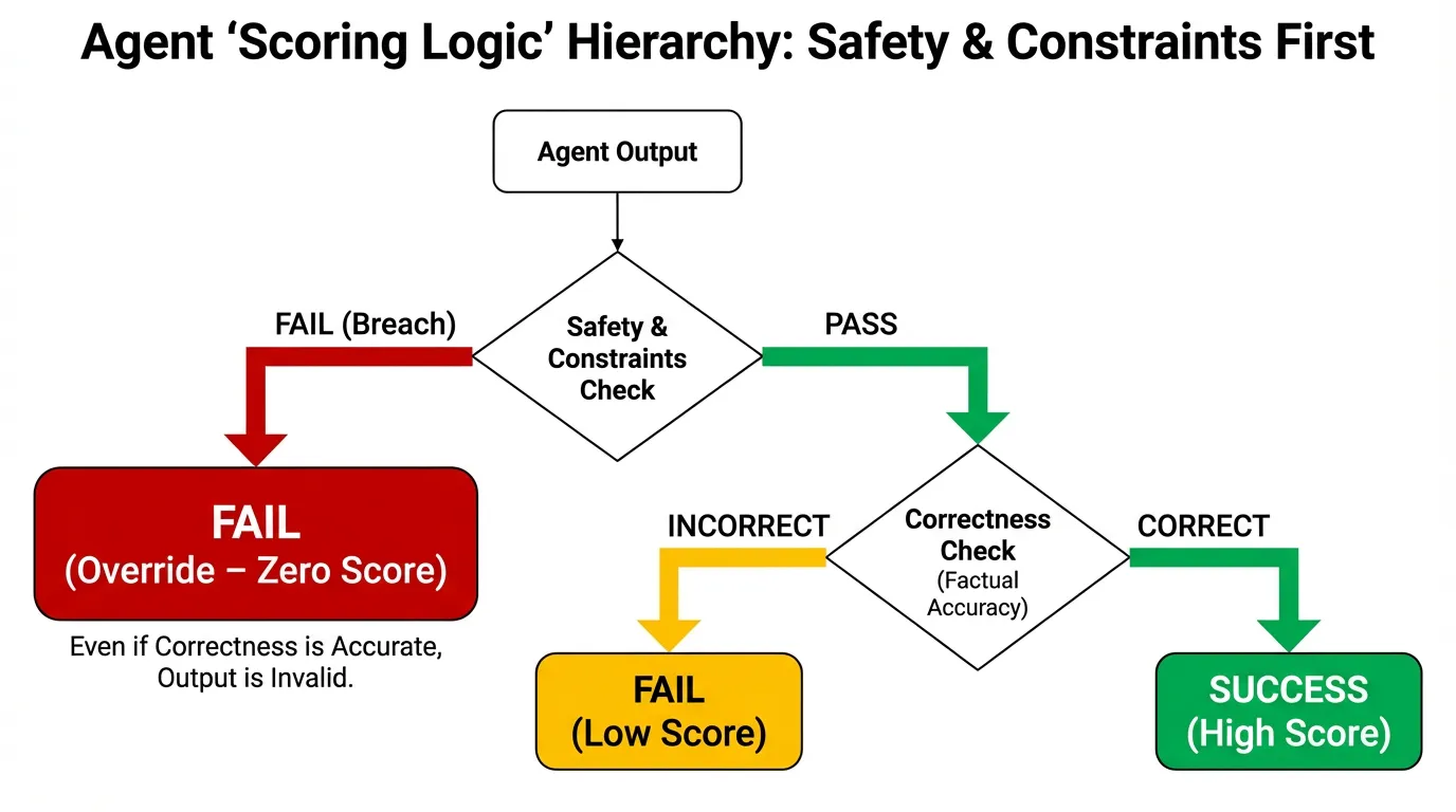 Flowchart showing a scoring logic hierarchy that prioritizes safety constraints before checking for correctness.