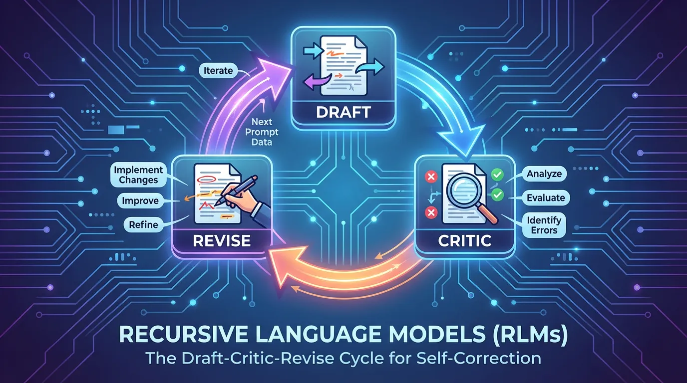 Neon circuit-board style diagram detailing the analyze-evaluate-refine steps within the Recursive Language Model loop.