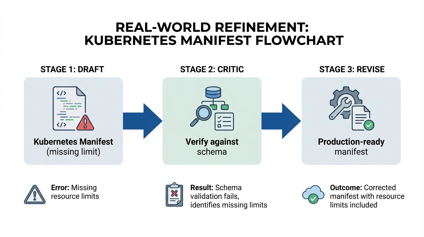 Flowchart example of a recursive model correcting a Kubernetes manifest error by identifying a missing resource limit.