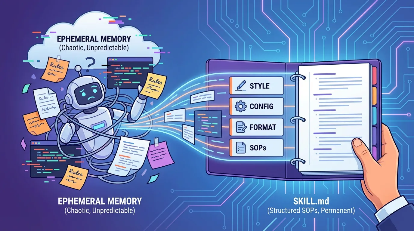 Illustration contrasting a chaotic robot tangled in sticky notes representing ephemeral memory with a clean binder representing structured SKILL.md SOPs.