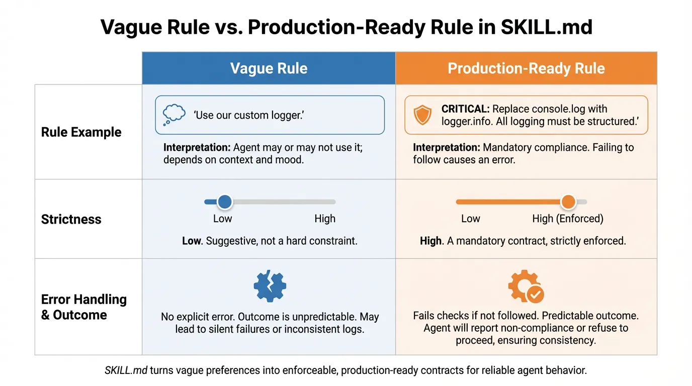 Comparison table contrasting a 'Vague Rule' with a 'Production-Ready Rule' in SKILL.md, showing code examples and strictness levels.