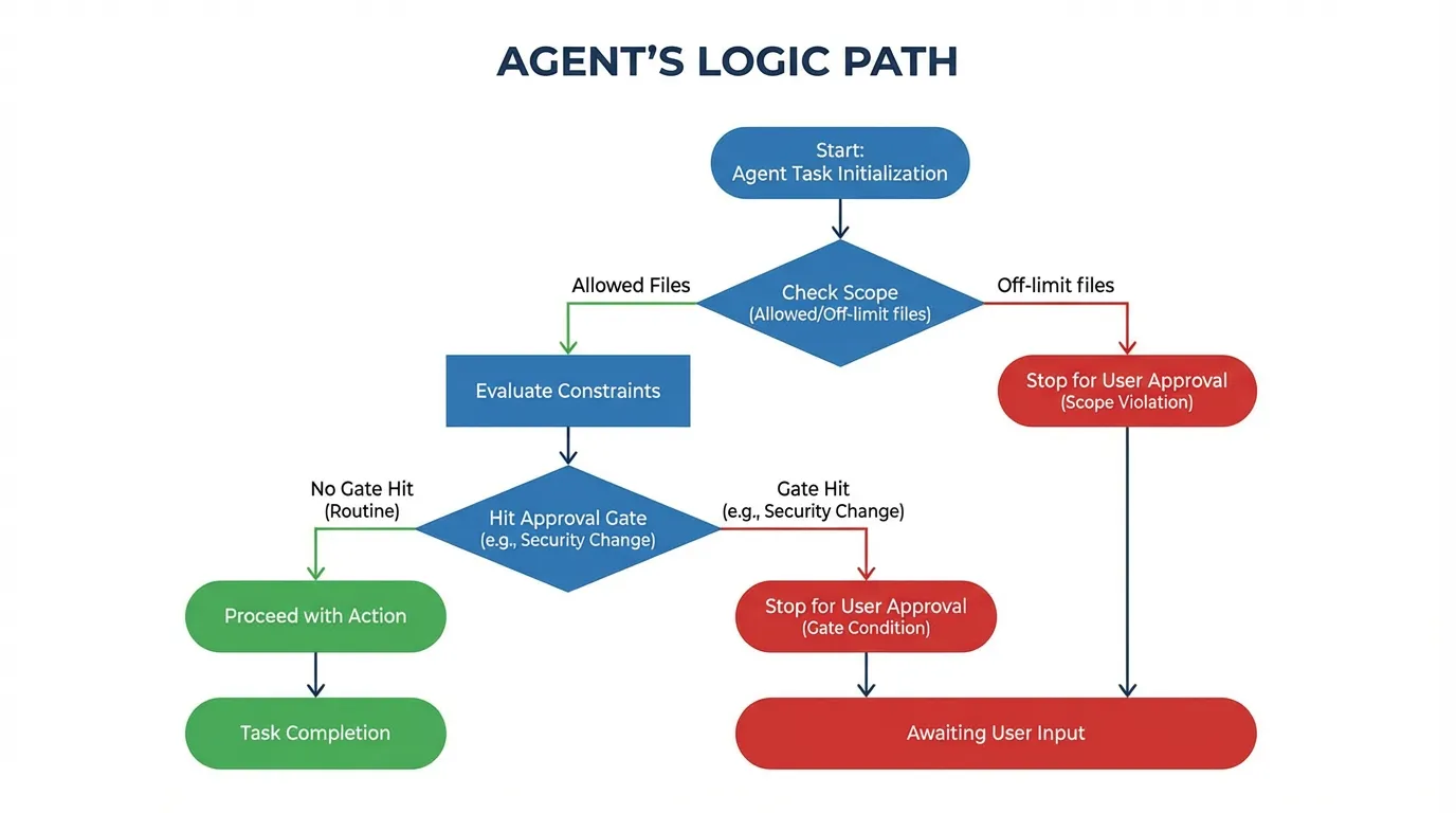 Flowchart showing an AI Agent's logic path, detailing steps for scope checks, constraint evaluation, and user approval gates.