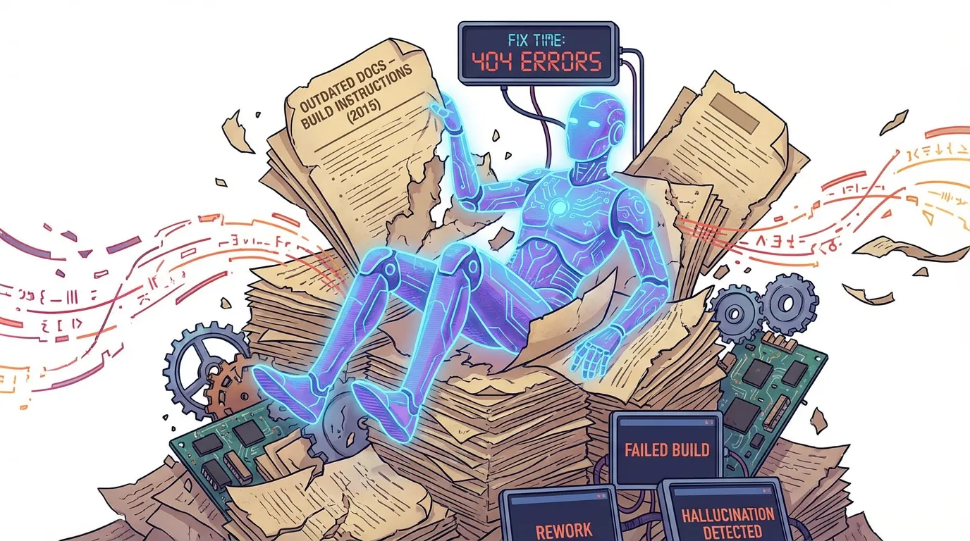 Futuristic AI figure buried under a pile of outdated 2015 build instructions surrounded by screens showing 404 errors and rework alerts.