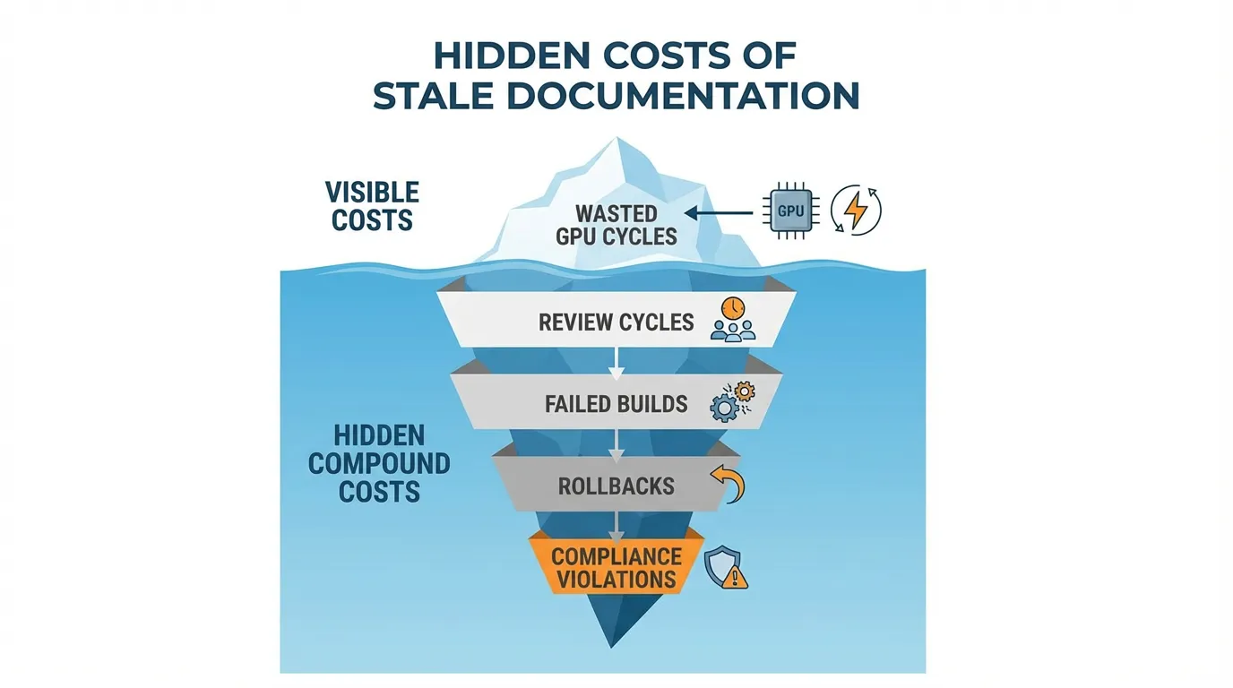 Iceberg infographic illustrating the hidden costs of stale documentation, showing failed builds and compliance risks beneath visible GPU costs.