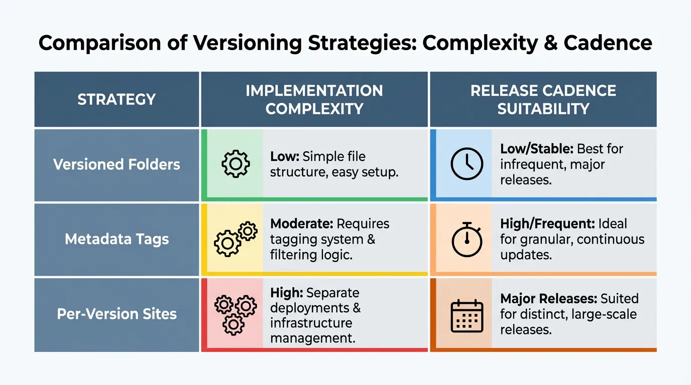 Comparison table of versioning strategies (Versioned Folders, Metadata Tags, Per-Version Sites) analyzing complexity and release cadence.