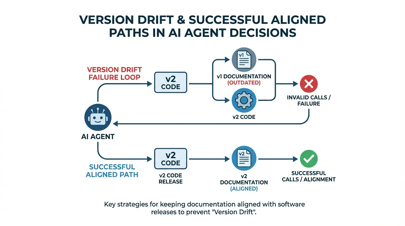 Flowchart diagram comparing a Version Drift Failure Loop with a Successful Aligned Path for AI agent decision making.