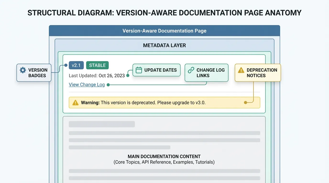 Structural diagram of a documentation page highlighting metadata layers, version badges, update dates, and deprecation notices.