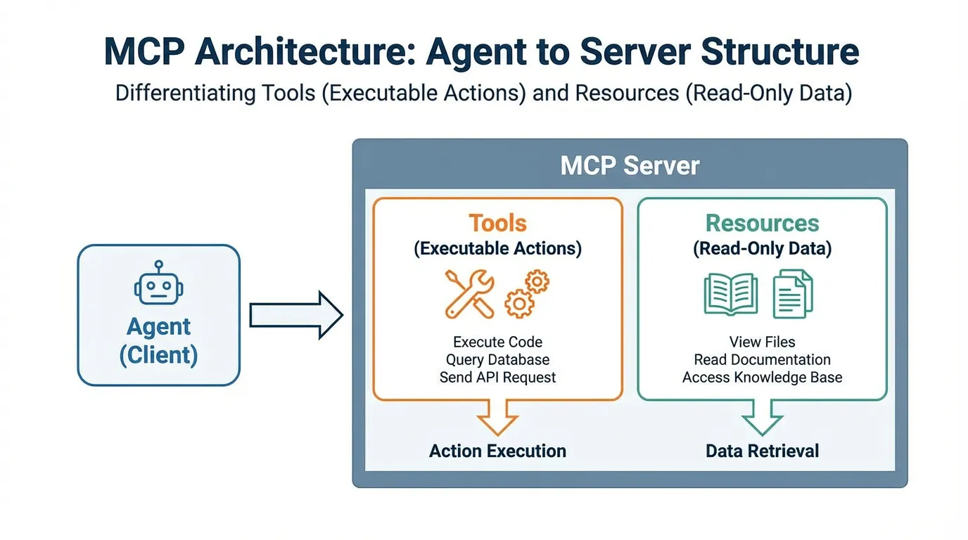 MCP Server architecture diagram showing the distinction between Executable Tools and Read-Only Resources for AI agents.