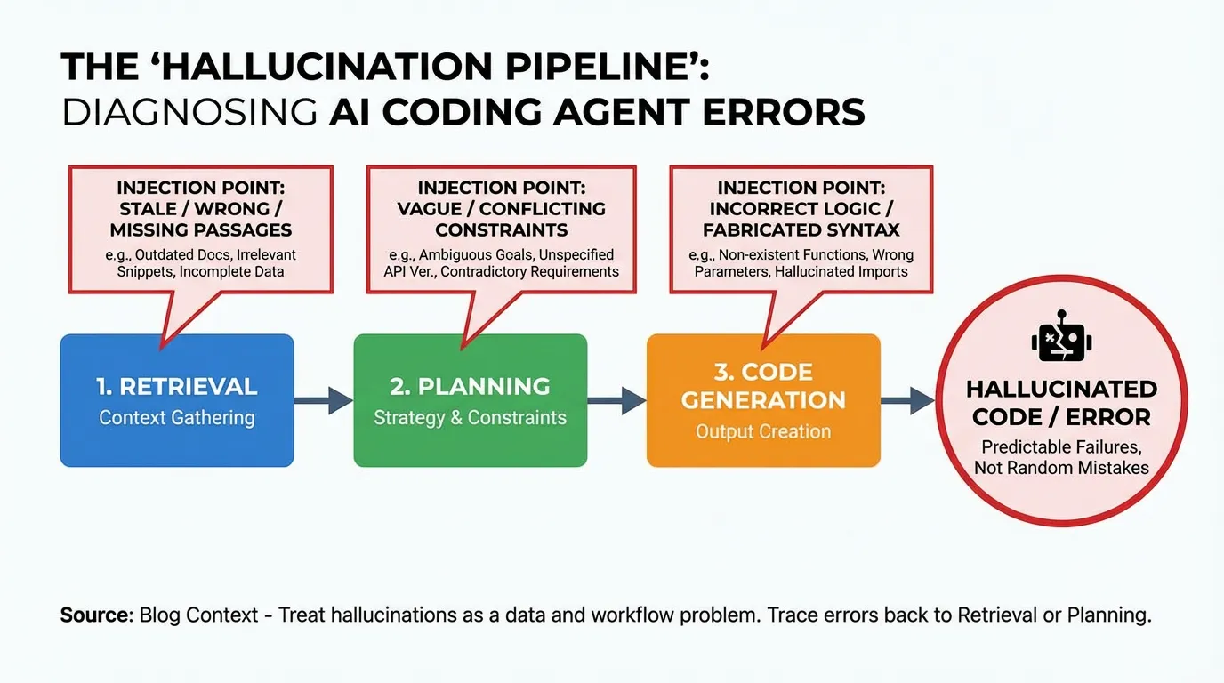 Diagram of the AI hallucination pipeline showing error injection points in retrieval, planning, and code generation stages.