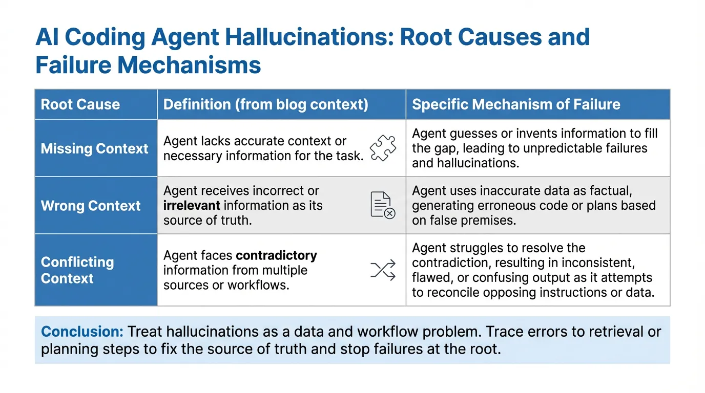Chart defining root causes of AI hallucinations: missing, wrong, and conflicting context leading to specific failure mechanisms.