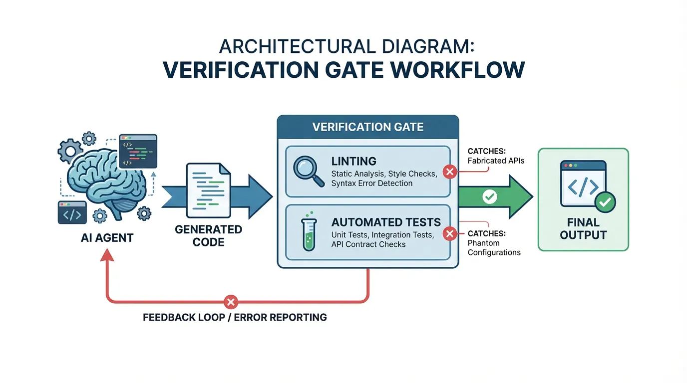 Workflow diagram for an AI code verification gate using linting and automated tests to catch syntax errors and fabricated APIs.
